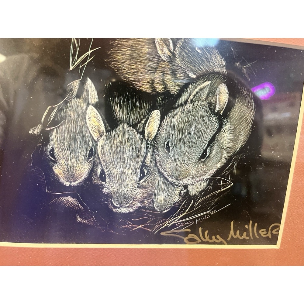 Vintage Sally Miller Mice Print Signed Framed Rustic Farmhouse Wall Art 12x16